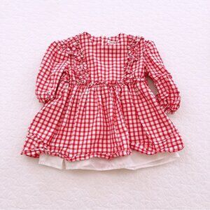 Girls Plaid Dress with Lace Detail Red and White Long Sleeve